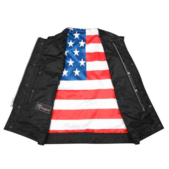 mens zipper | snap closure collarless leather club vest | american flag liner