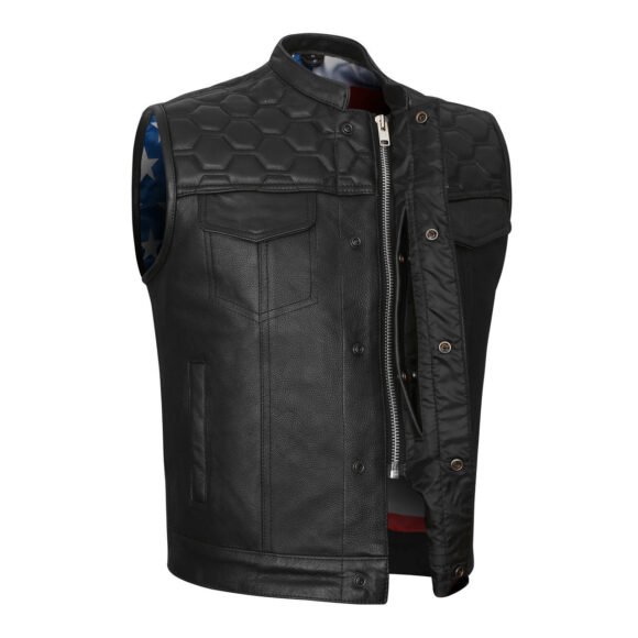 high mileage mens zipper | snap closure leather club vest | quick access | american flag liner