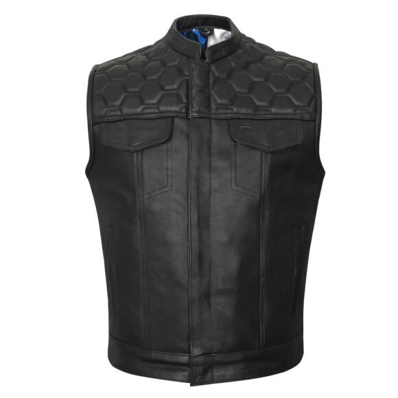 high mileage mens zipper | snap closure leather club vest | quick access | american flag liner