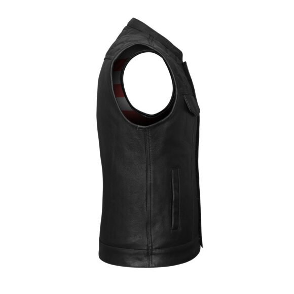 high mileage mens zipper | snap closure leather club vest | quick access | american flag liner