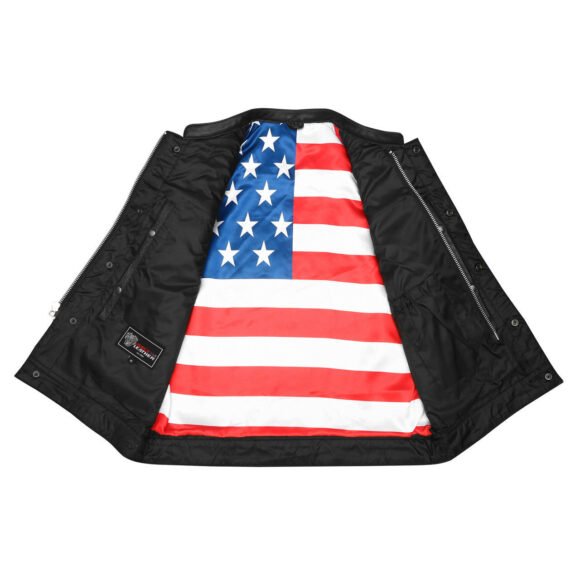 high mileage mens zipper | snap closure leather club vest | quick access | american flag liner