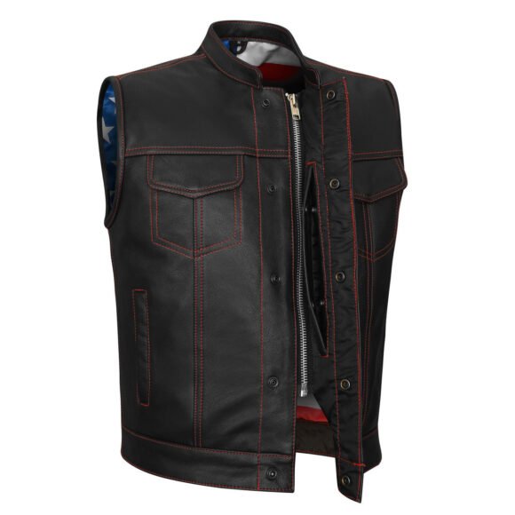 high mileage mens collarless leather club vest | american flag liner | red stitching