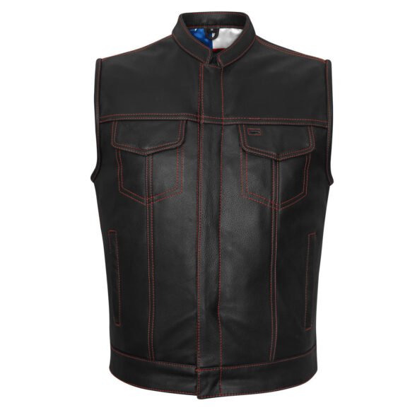 high mileage mens collarless leather club vest | american flag liner | red stitching