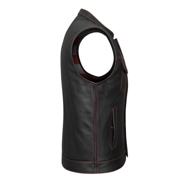 high mileage mens collarless leather club vest | american flag liner | red stitching
