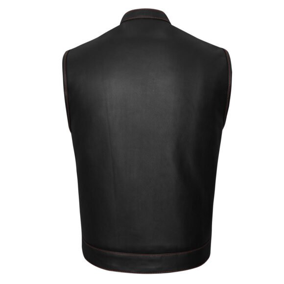 high mileage mens collarless leather club vest | american flag liner | red stitching