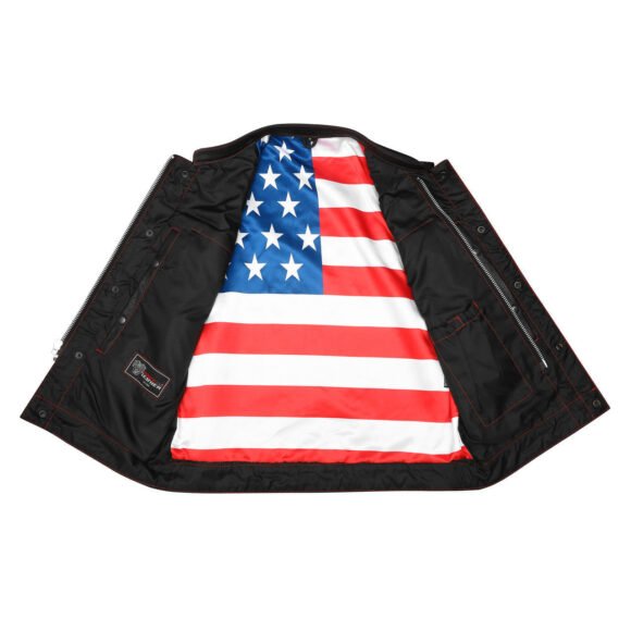high mileage mens collarless leather club vest | american flag liner | red stitching