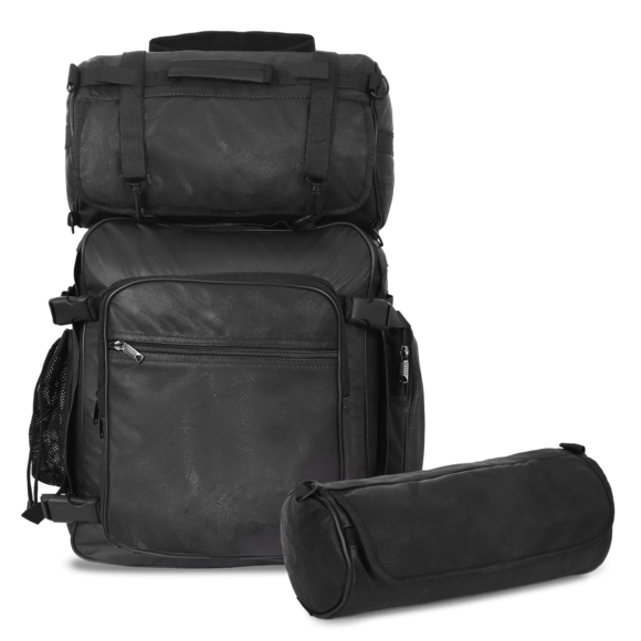 vance rival series 3pc rock design top grain leather plain black sissy bar bag set