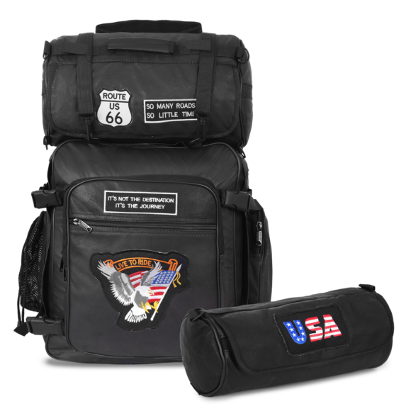 vance rival series 3pc rock design top grain high quality leather sissy bar bag set