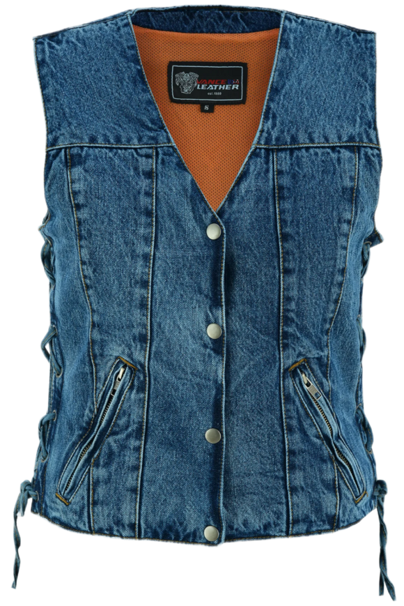 womens blue denim v neck vest| snap opening | side laces