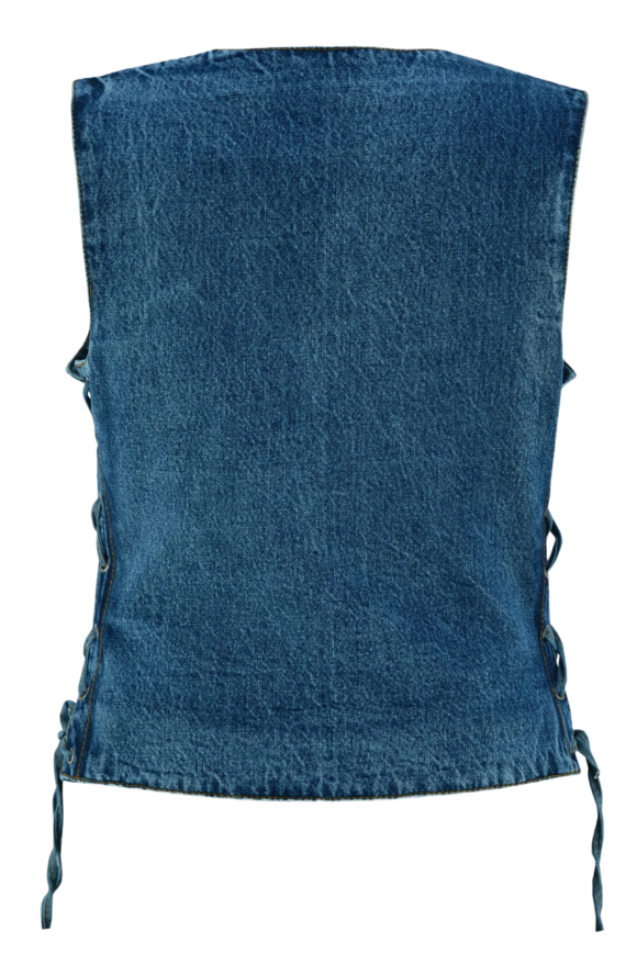 womens blue denim v neck vest| snap opening | side laces