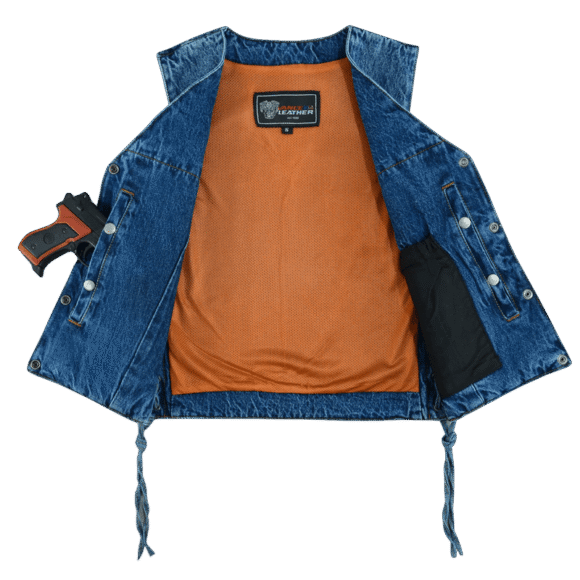 womens blue denim v neck vest| snap opening | side laces