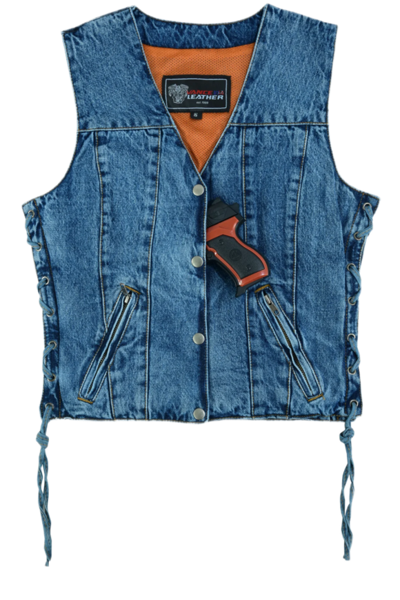 womens blue denim v neck vest| snap opening | side laces
