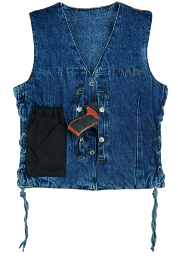 womens blue denim v neck vest| snap opening | side laces