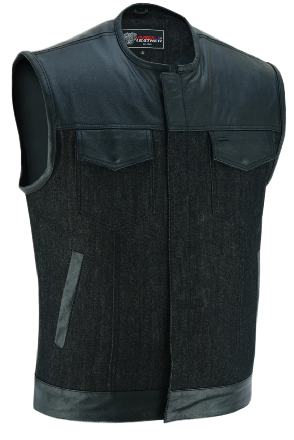 mens denim | leather club vest | ccw pockets| snap | zipper closure