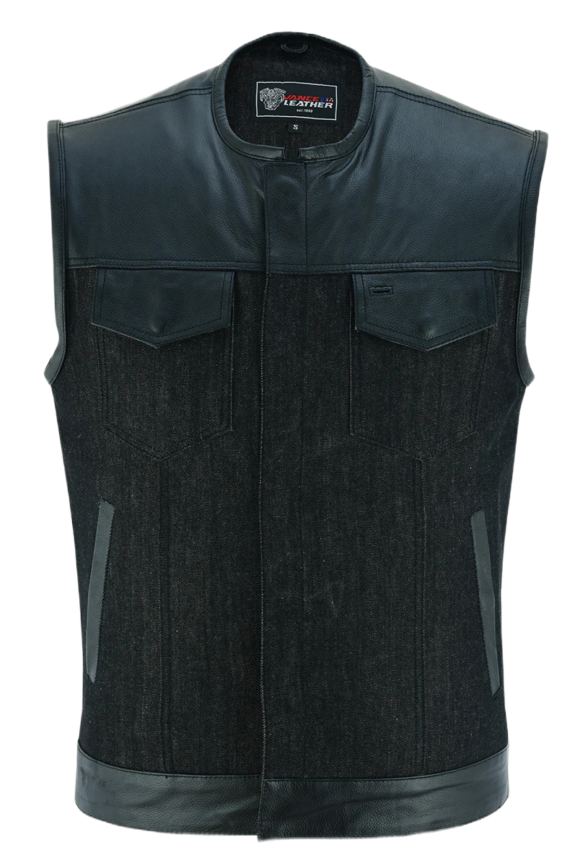 mens denim | leather club vest | ccw pockets| snap | zipper closure