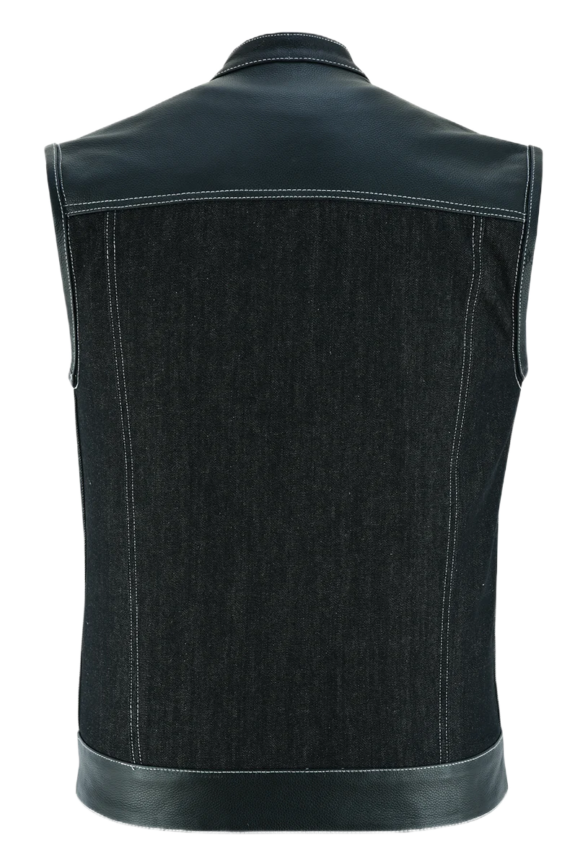 mens denim | leather club vest | ccw pockets| snap | zipper closure