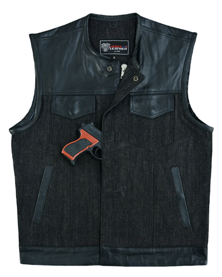 mens denim | leather club vest | ccw pockets| snap | zipper closure