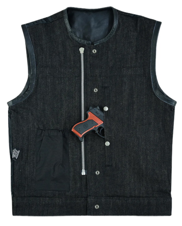 mens denim | leather club vest | ccw pockets| snap | zipper closure