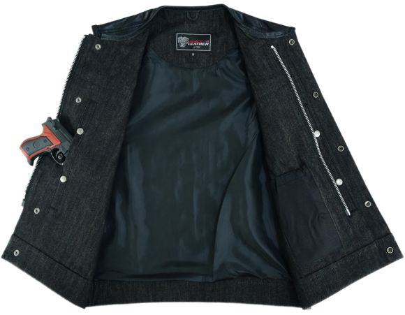 mens denim | leather club vest | ccw pockets| snap | zipper closure