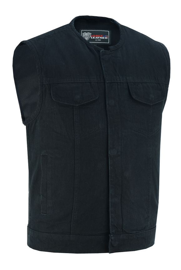 mens black denim collarless club style vest | conceal carry pockets