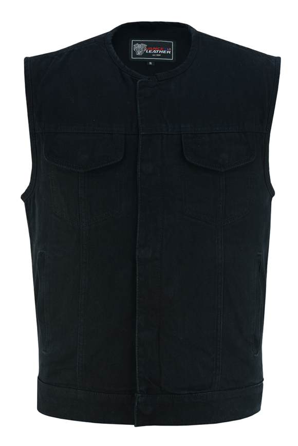 mens black denim collarless club style vest | conceal carry pockets