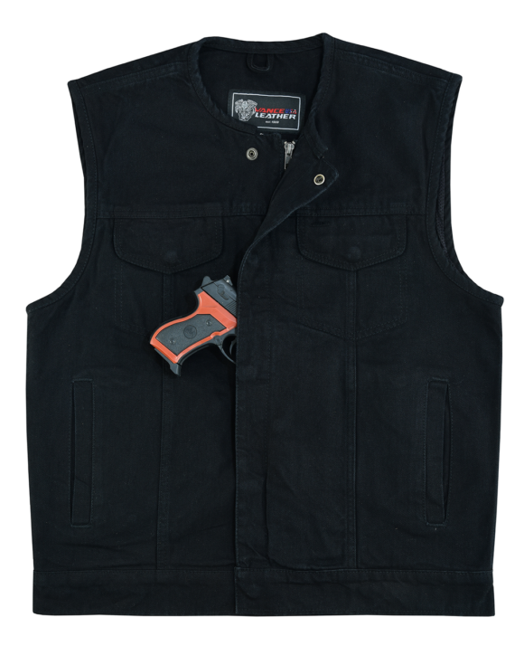 mens black denim collarless club style vest | conceal carry pockets