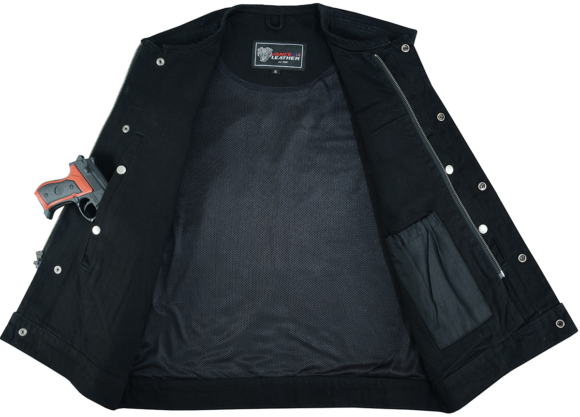 mens black denim collarless club style vest | conceal carry pockets