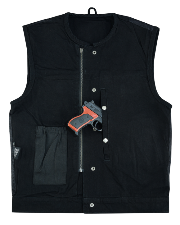 mens black denim collarless club style vest | conceal carry pockets