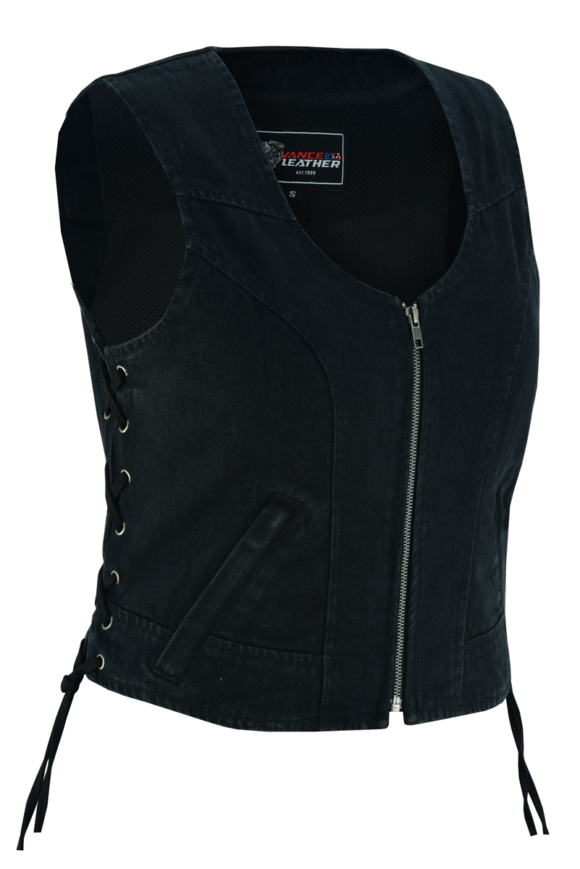 womens black denim v neck vest | zipper | side laces
