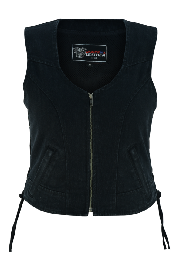 womens black denim v neck vest | zipper | side laces