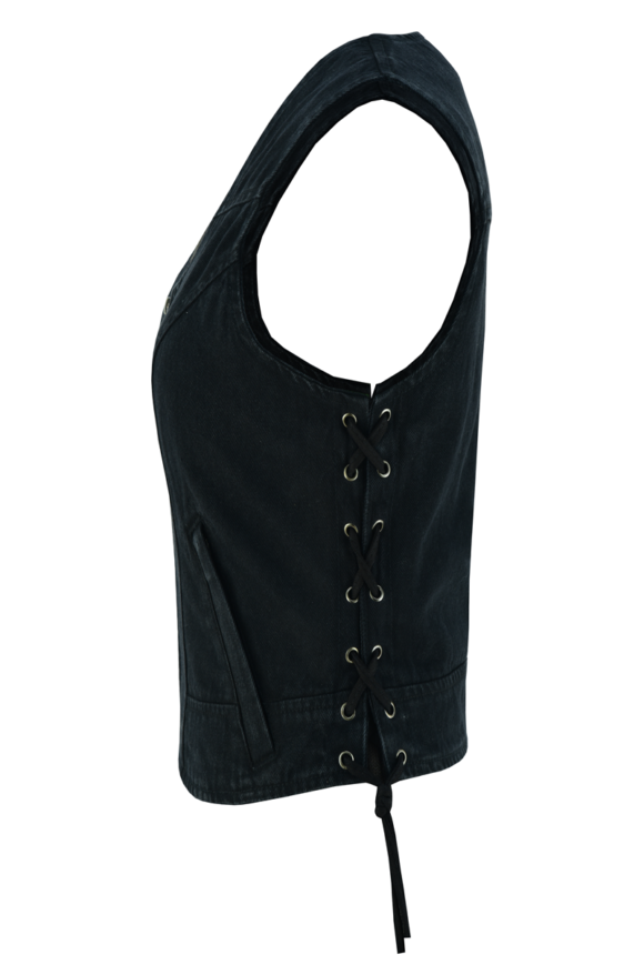 womens black denim v neck vest | zipper | side laces