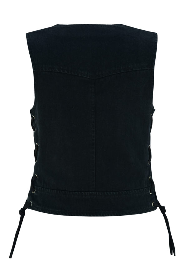 womens black denim v neck vest | zipper | side laces