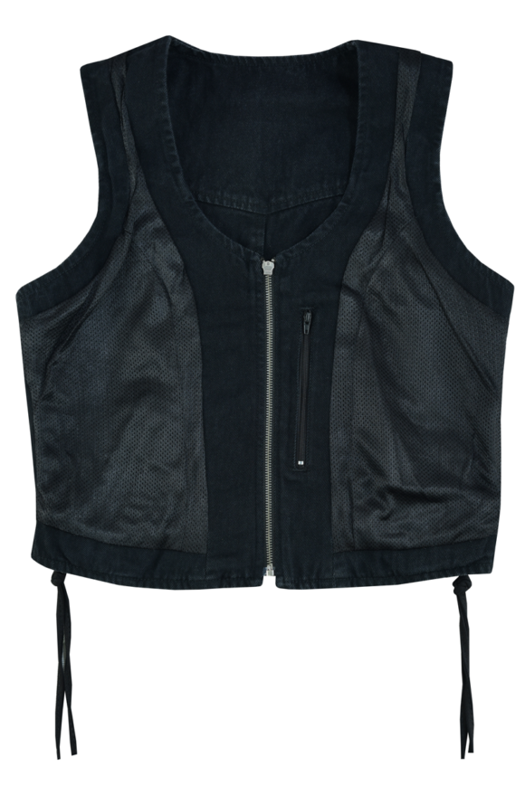 womens black denim v neck vest | zipper | side laces
