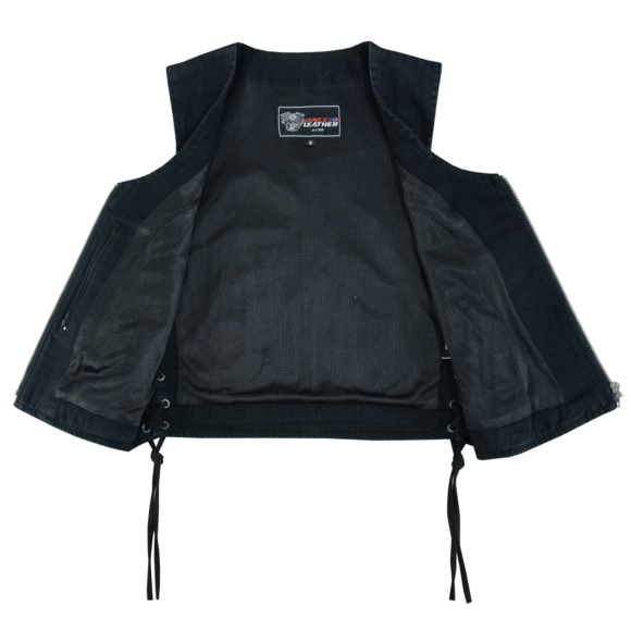 womens black denim v neck vest | zipper | side laces