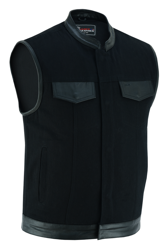 mens black denim club vest | leather trims