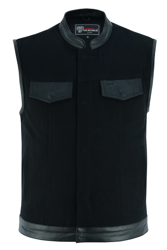 mens black denim club vest | leather trims