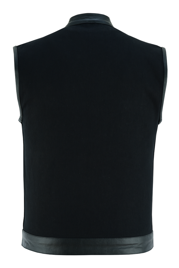 mens black denim club vest | leather trims