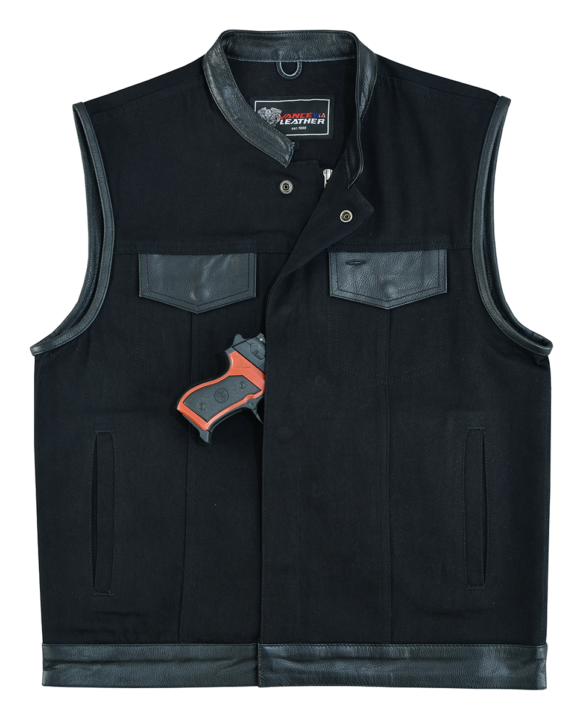 mens black denim club vest | leather trims