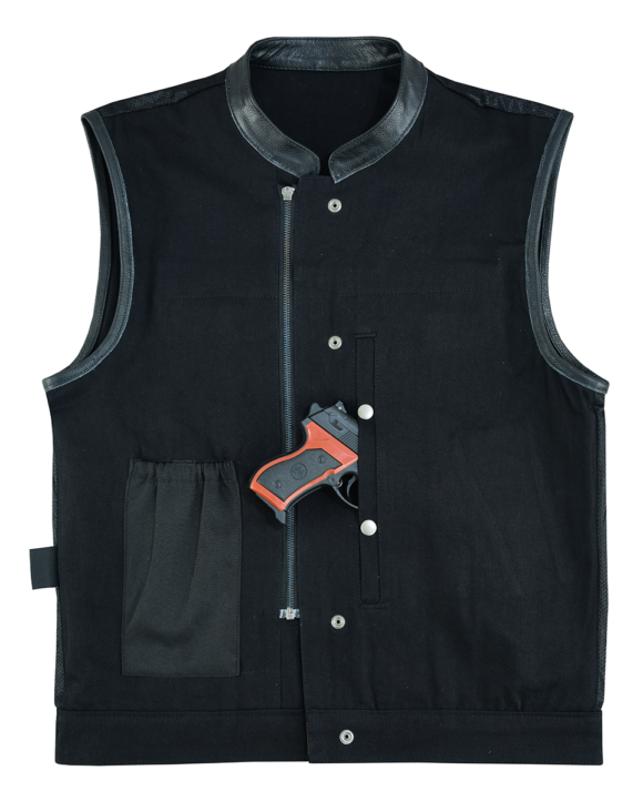 mens black denim club vest | leather trims