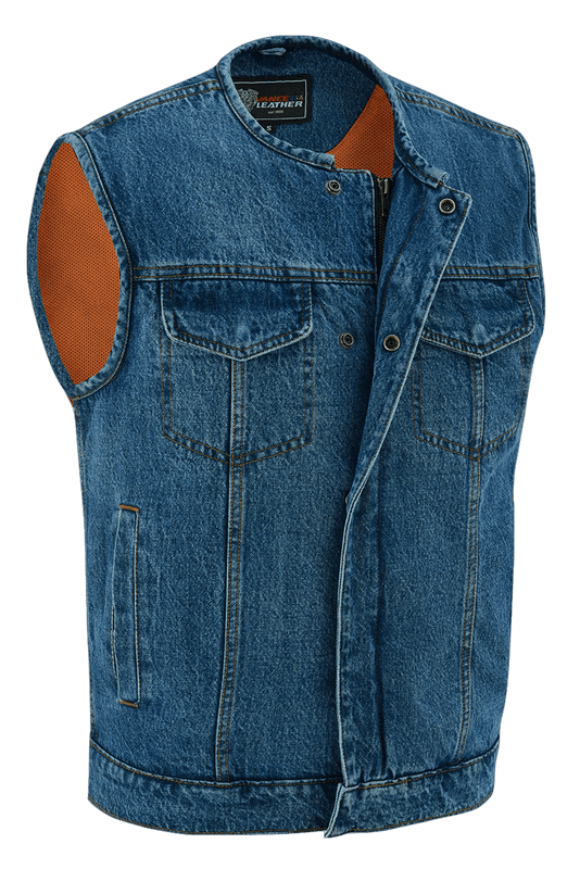 mens blue denim collarless club vest | ccw pockets