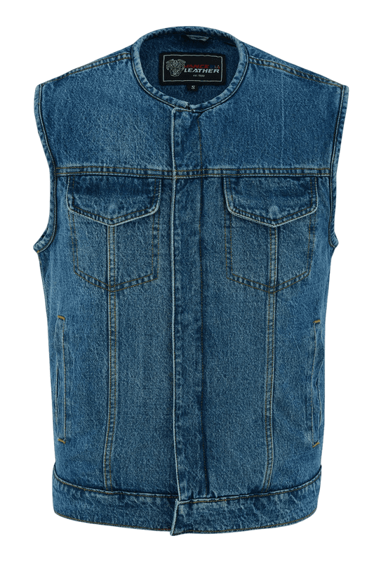 mens blue denim collarless club vest | ccw pockets