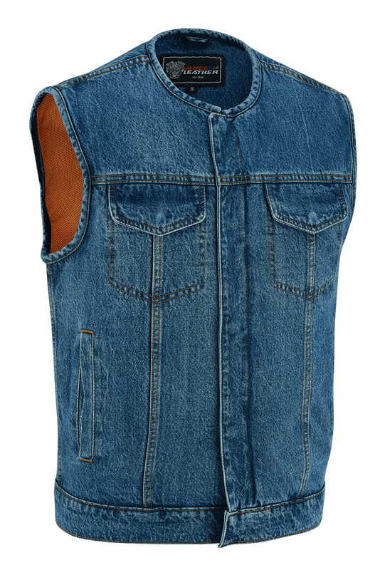 mens blue denim collarless club vest | ccw pockets