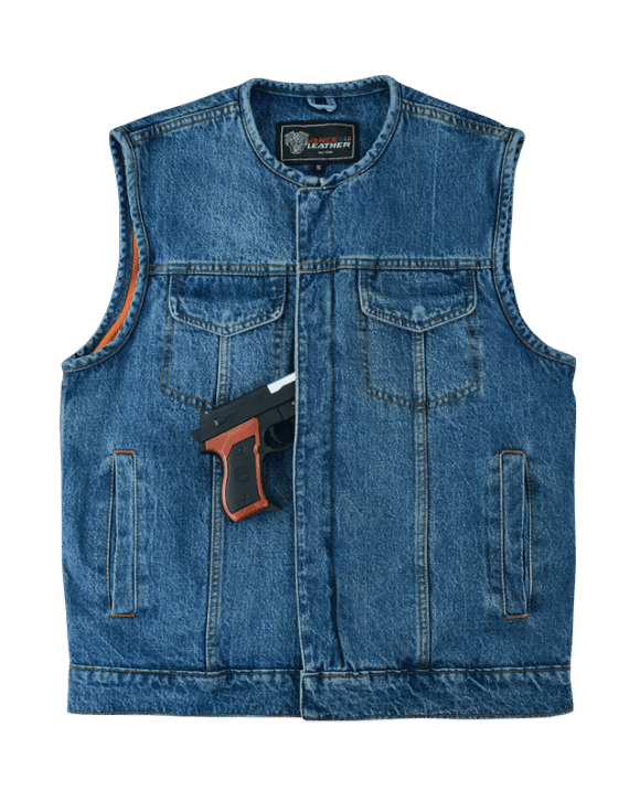 mens blue denim collarless club vest | ccw pockets