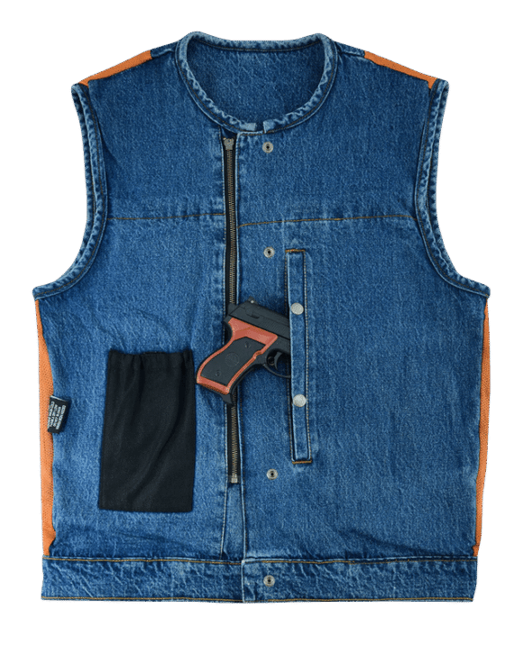 mens blue denim collarless club vest | ccw pockets