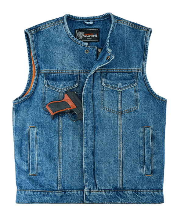 mens blue denim collarless club vest | ccw pockets