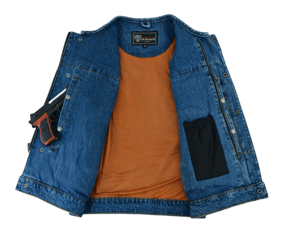 mens blue denim collarless club vest | ccw pockets