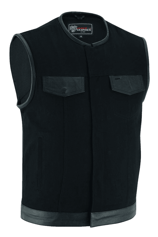 vance mens black denim collarless club vest | leather trims