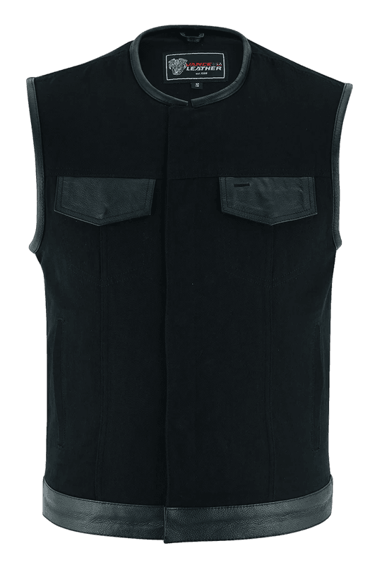 vance mens black denim collarless club vest | leather trims