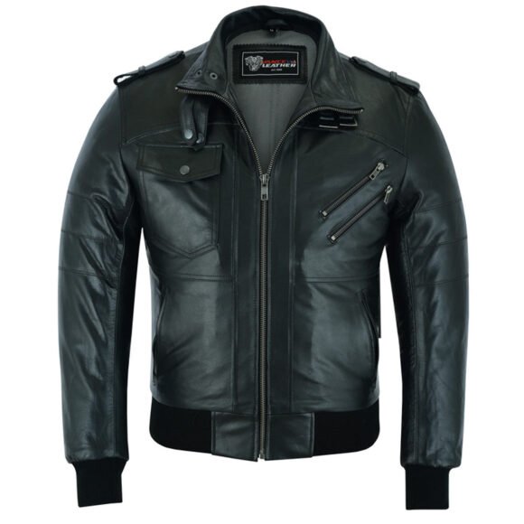 vance leather mens sven bomber black waxed premium cowhide motorcycle leather jacket with removeable hood