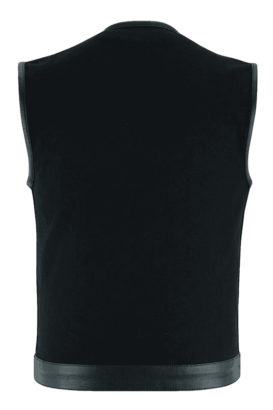vance mens black denim collarless club vest | leather trims